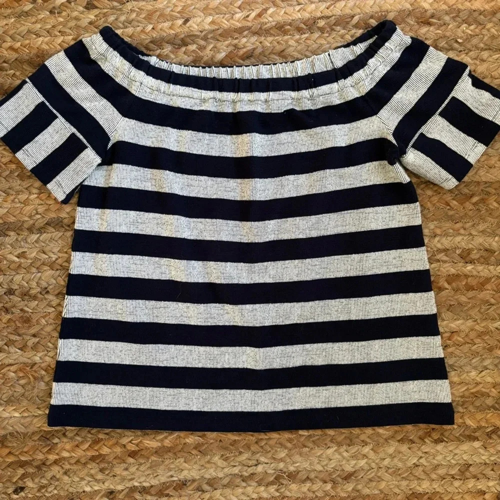Madewell Navy and Cream Striped Off-Shoulder Tee